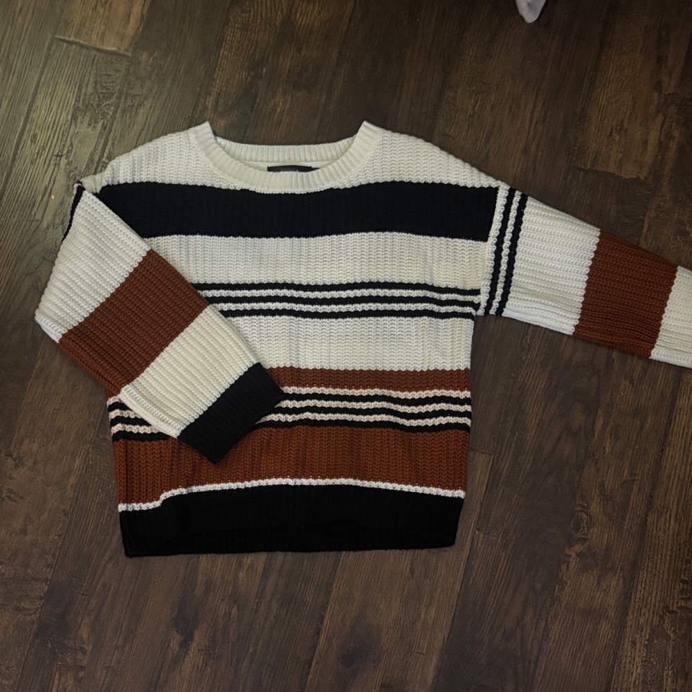Striped Knit Sweater in White, Black & Brown